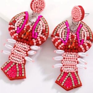 Pink Lobster Beaded Rhinestone Earrings Multicolored Boho Gift Jewelry Beach
